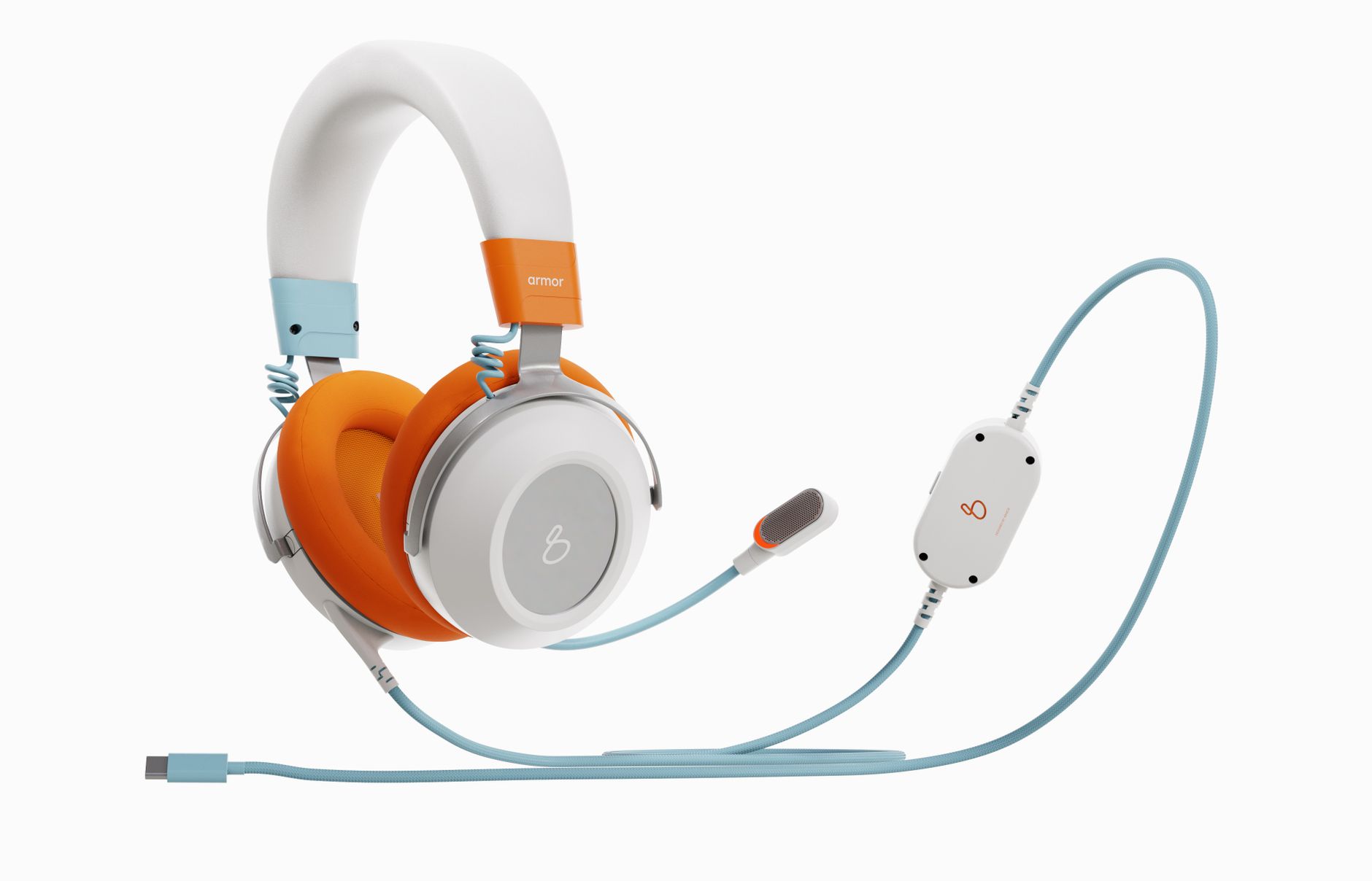 Colorful over-ear headphones with microphone, featuring orange and white design with wired connection.