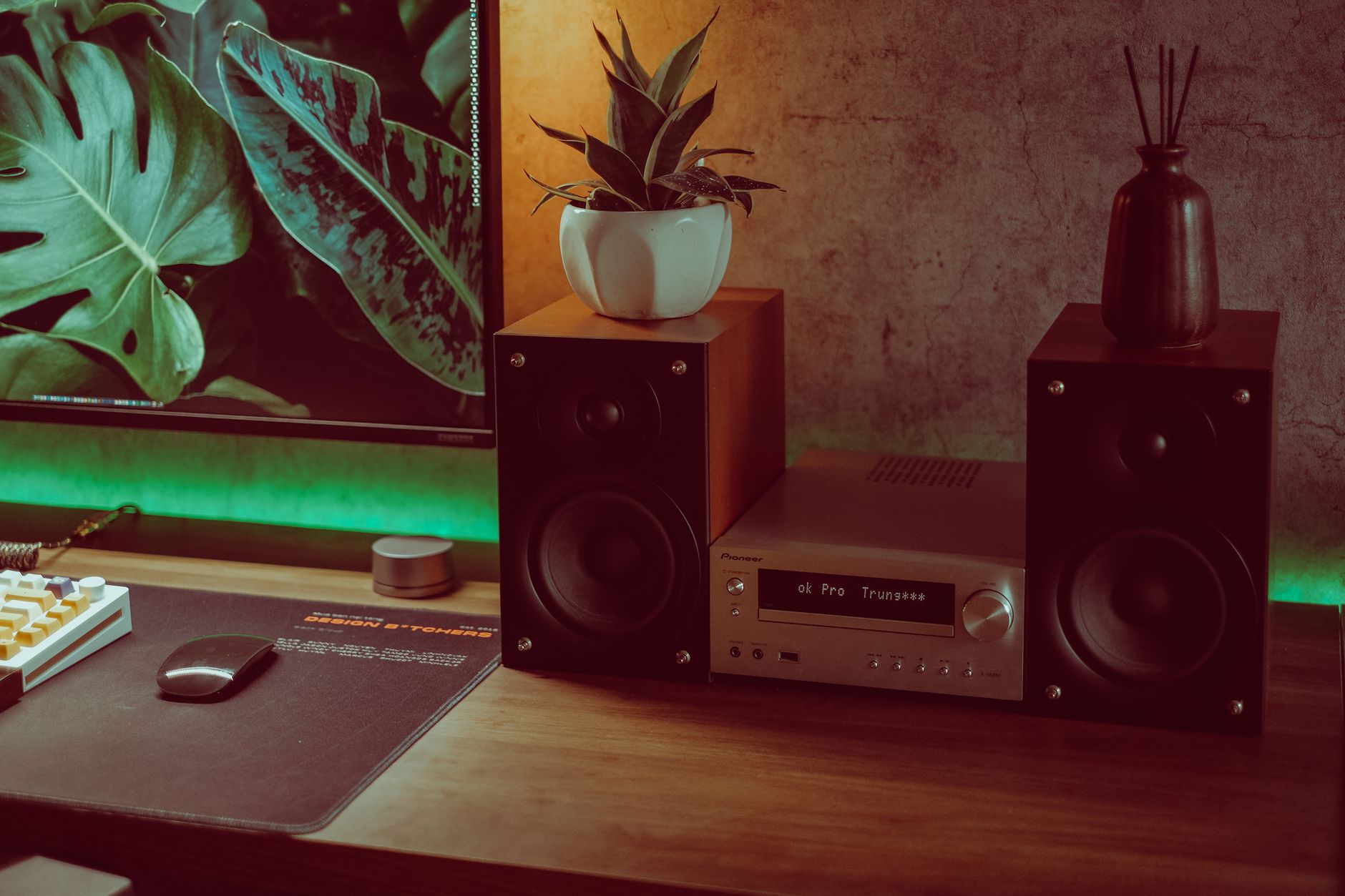 A cozy vintage desk setup featuring speakers, plants, and audio equipment with a warm ambiance.
