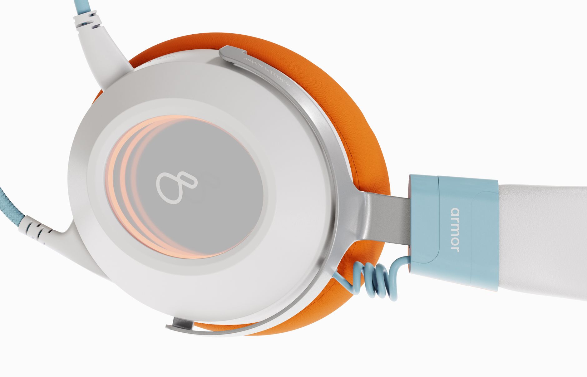 Detailed view of stylish orange and blue headphones on a white background.