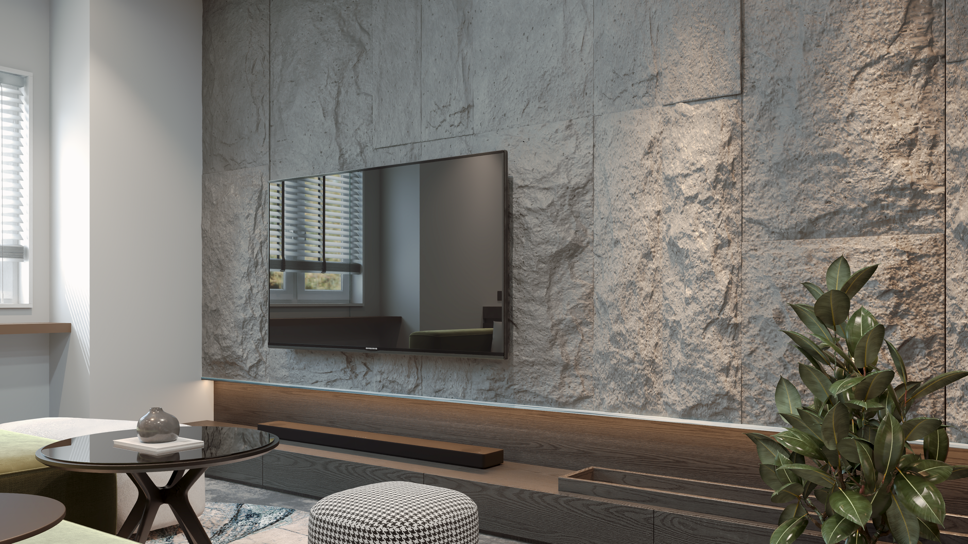 Contemporary living room featuring a mounted TV on a textured stone wall with modern decor.