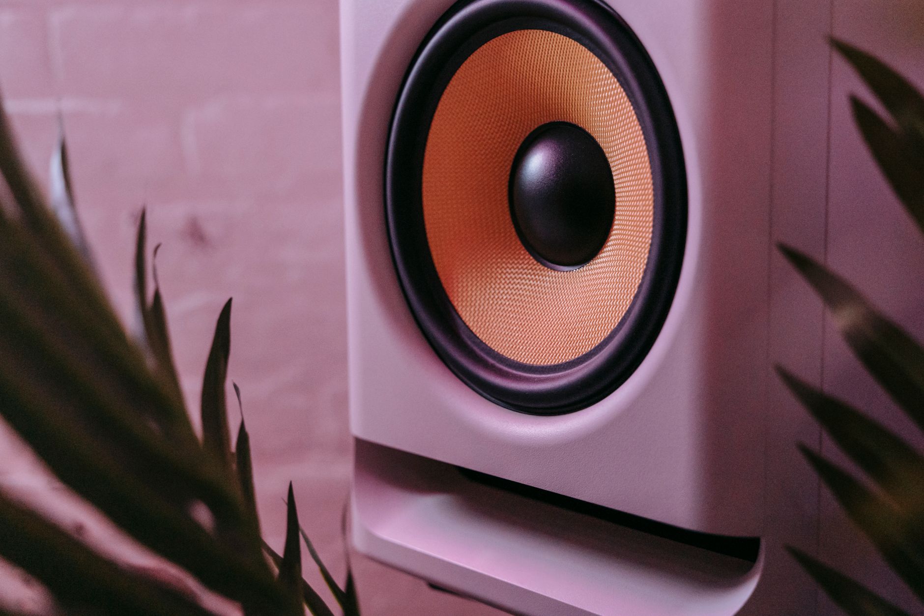 Close-up photo of a stylish subwoofer surrounded by foliage and ambient lighting.