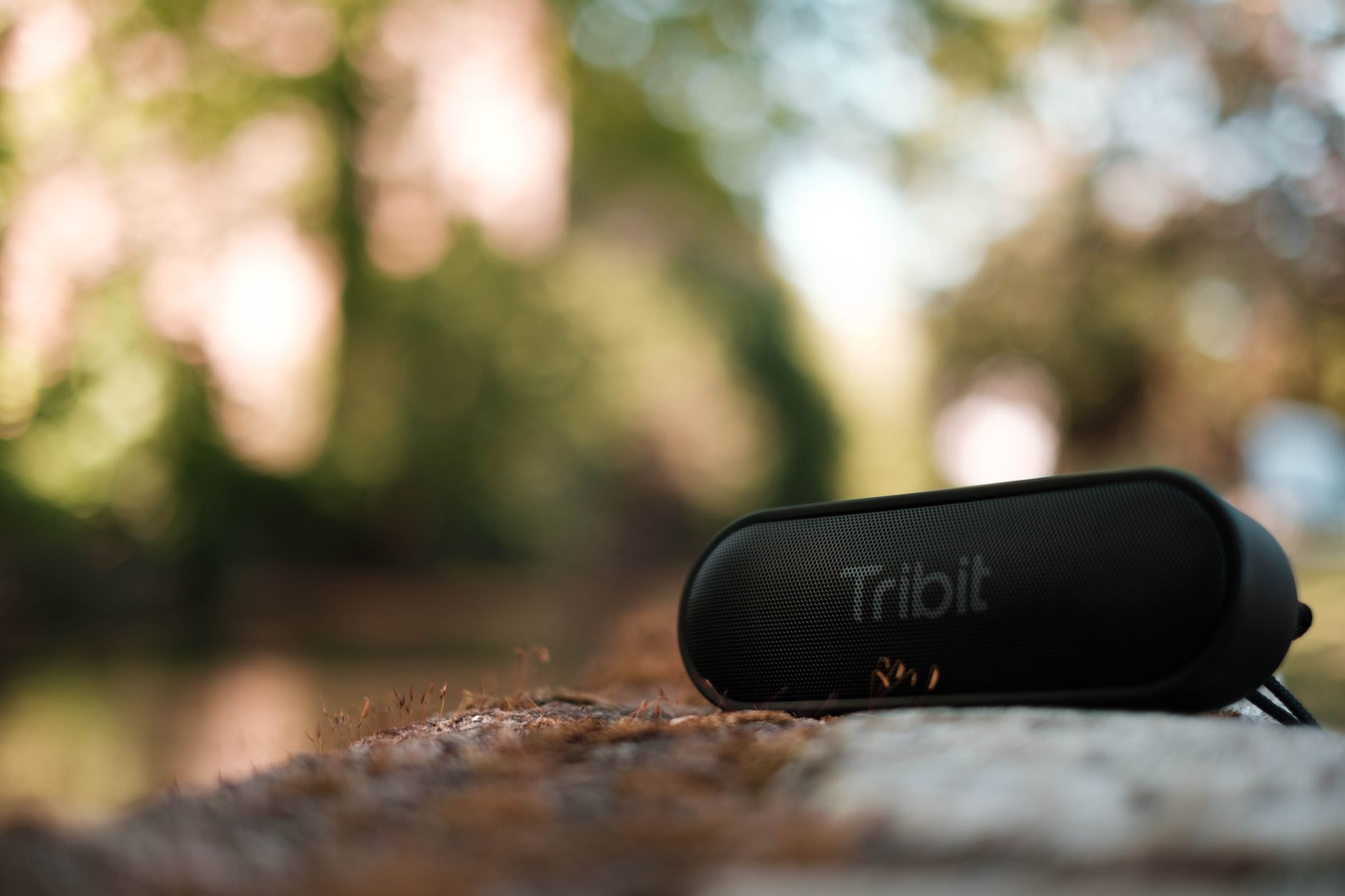 Contemporary black pocket speaker placed on mossy bench in lush park on sunny summer day